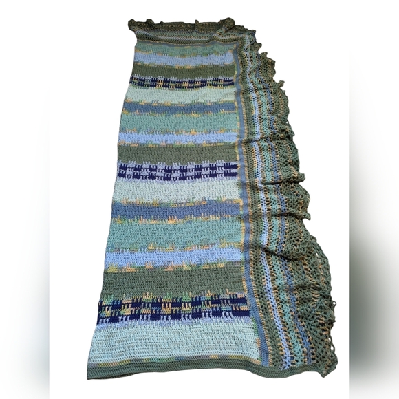 Handmade Crochet Blanket Scalloped Coverlet Green Blue Cottagecore Grandmacore - Picture 1 of 5